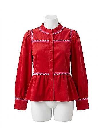 TCEC Corduroy Scallop Detail Button Up Top in Red (view 1)
