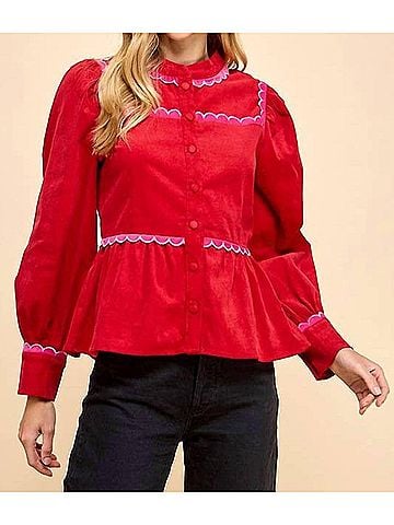 TCEC Corduroy Scallop Detail Button Up Top in Red (view 2)