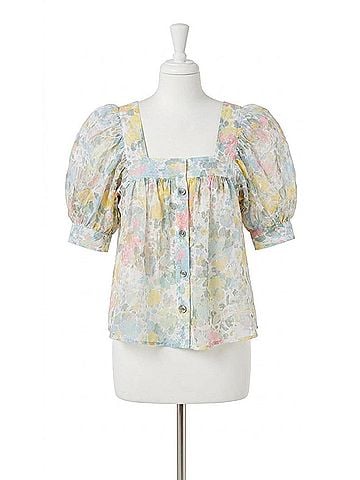 Smythe Button Front Square Neck Blouse in Pastel Floral (view 1)