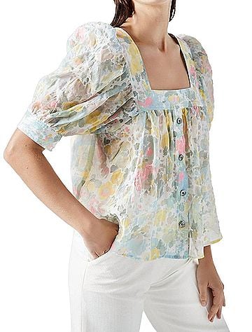 Smythe Button Front Square Neck Blouse in Pastel Floral (view 2)