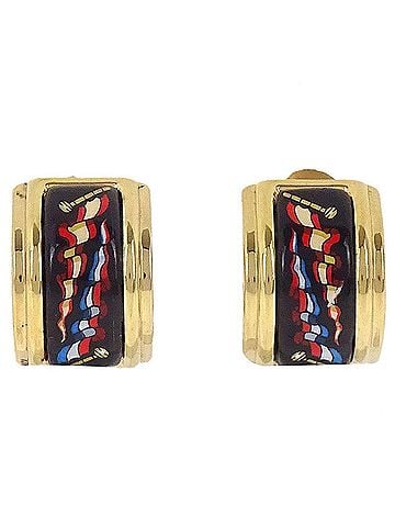 Hermès Vintage Half Hoop Clip-On Printed Enamel And Metal Gold Gold_Plated Earrings Jewelry (view 1)