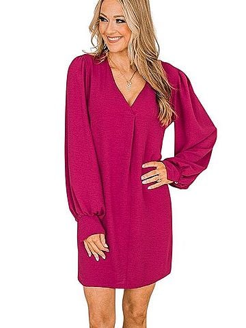 Zara Magenta V-Neck Long Sleeve Shift Dress Casual Dress (view 1)