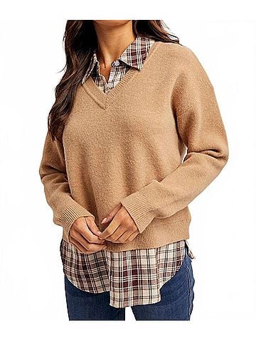 Hem & Thread Plaid Contrast Mixed V-Neck Sweater in Burgundy Plaid /Tan (view 2)