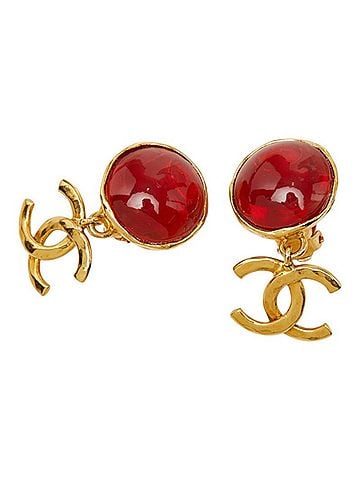 Chanel Chanel Coco Mark Gripoix Vintage Earrings 95P Gold Red Plated Glass Women's CHANEL (view 1)