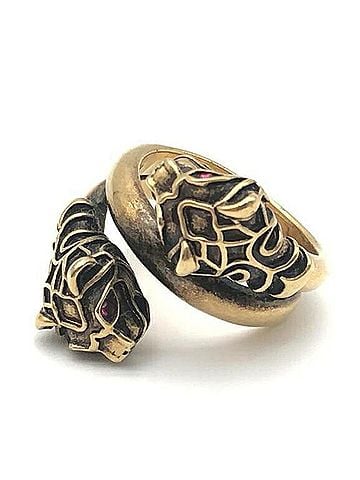 Gucci GUCCI Tiger Head Colored Stone Ring, Gold Color, Red (view 1)