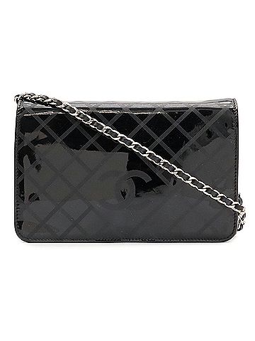 Chanel CHANEL Coco Mark checkered pattern wallet, chain shoulder bag, pochette, enamel patent leather, black. (view 1)