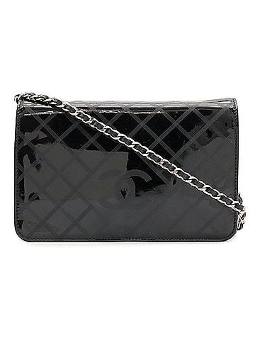 Chanel CHANEL Coco Mark checkered pattern wallet, chain shoulder bag, pochette, enamel patent leather, black. (view 2)