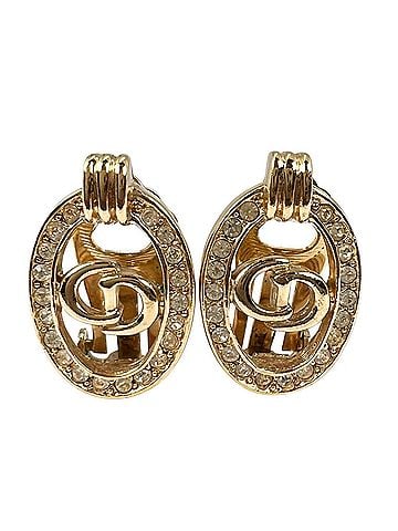 Christian Dior Dior CD Logo Oval Rhinestone Earrings, Gold Plated, Gold, Women's (view 1)