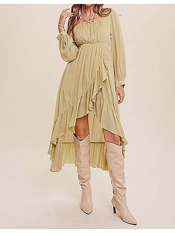 Listicle High Low Ruffled Wrap Style Maxi Dress in Light Olive (view 2)