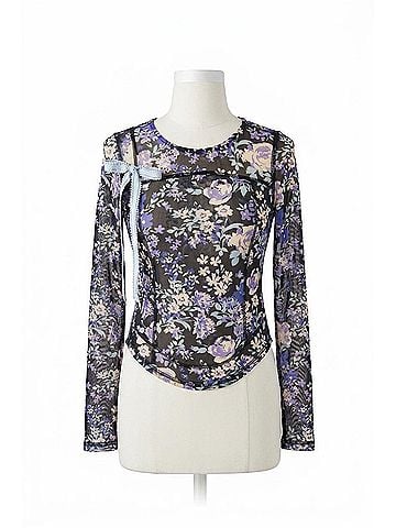 Listicle Floral Print Mesh Fitted Long Sleeve Top in Black (view 1)