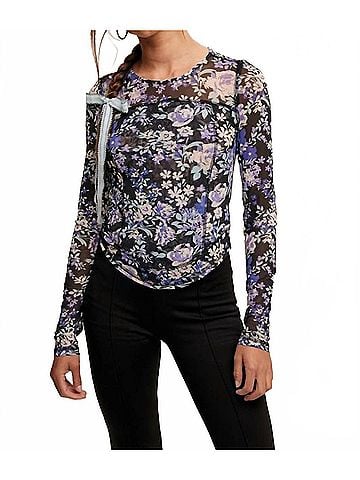Listicle Floral Print Mesh Fitted Long Sleeve Top in Black (view 2)