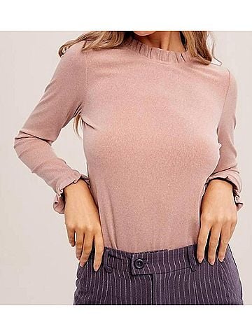 Listicle Ribbed Knit Long Sleeve Ruffle Top in Blush (view 2)