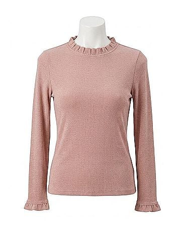 Listicle Ribbed Knit Long Sleeve Ruffle Top in Blush (view 1)