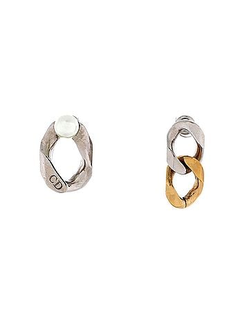 Christian Dior x Sacai Asymmetrical Twisted Link Stud Earrings Metal with Faux Pearls (view 1)