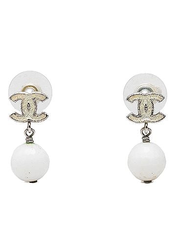 Chanel CC Brass Enamel Faux Pearl Drop Push Back Earrings (view 1)