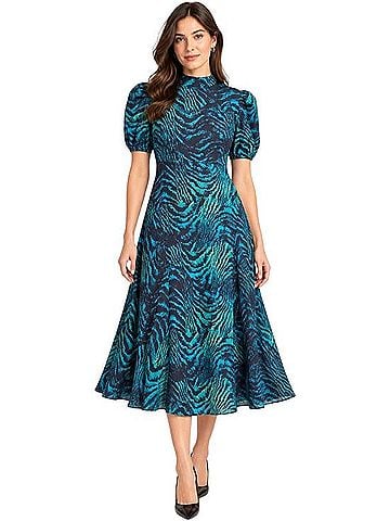 Diane von Furstenberg DVF Teal Zebra Print Puff Sleeve Midi Dress Cocktail Dress (view 1)