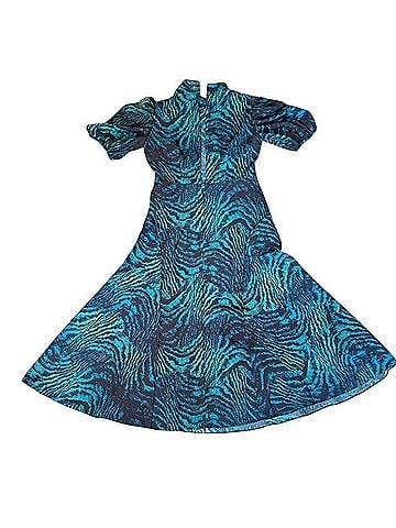 Diane von Furstenberg DVF Teal Zebra Print Puff Sleeve Midi Dress Cocktail Dress (view 2)