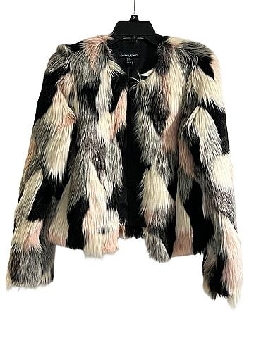 Cynthia Rowley Fuzzy Colorblock Pink Black White Faux Fur Jacket (view 1)