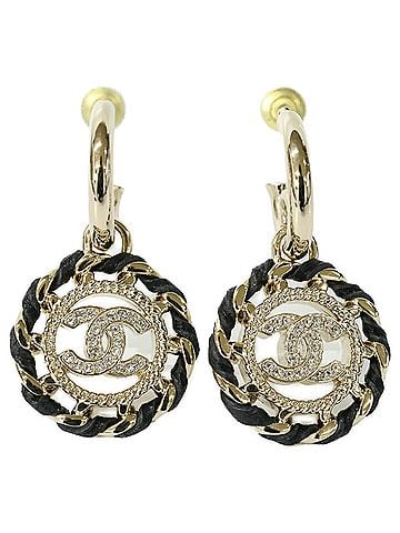 Chanel CHANEL B26C Rhinestone Coco Mark Chain Design Earrings, Gold &amp; Black, Women's (view 1)
