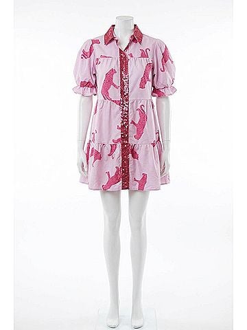 Fantastic Fawn Feline Femme Poplin Shirt Mini Dress in Pink Cheetah Print (view 1)