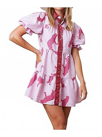 Fantastic Fawn Feline Femme Poplin Shirt Mini Dress in Pink Cheetah Print (view 2)