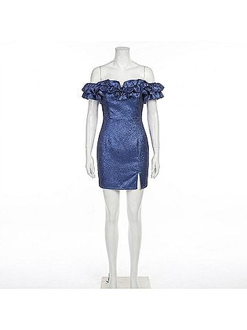 Emerald Sundae Off-Shoulder Ruffle Mini Dress in Blue (view 1)