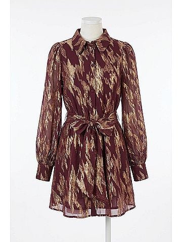 Flying Tomato Muse Metallic Print Long Sleeve Collared Mini Dress in Burgundy Multi (view 1)