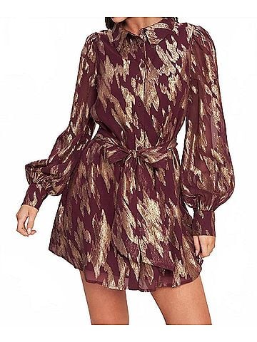 Flying Tomato Muse Metallic Print Long Sleeve Collared Mini Dress in Burgundy Multi (view 2)