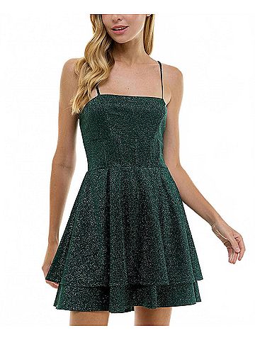 City Studio Glitter Sleeveless Tiered Fit And Flare Mini Dress in Green (view 2)