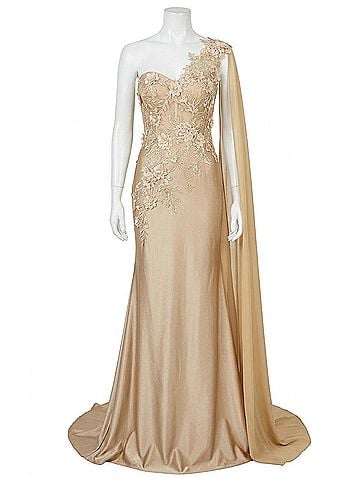 Amelia Couture Embroided Gown With Cape in Beige (view 1)