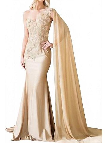 Amelia Couture Embroided Gown With Cape in Beige (view 2)