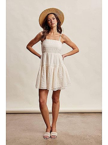 Listicle Lace Tiered Mini Dress in Ecru (view 2)