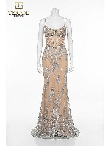 Terani Couture Long Embellished Dress in Silver Nude (view 1)