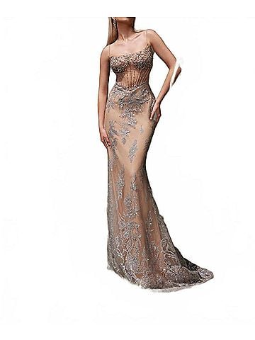 Terani Couture Long Embellished Dress in Silver Nude (view 2)