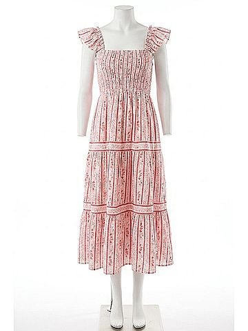 Blu Pepper Stripe Floral Pattern Smocked Tiered Midi Dress in Red Multi (view 1)