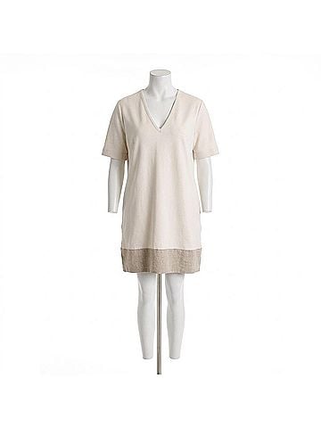 Shan Elisabeth V-Neck Dress With Lycra in Ivory With Beige Trim (view 1)
