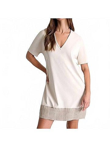 Shan Elisabeth V-Neck Dress With Lycra in Ivory With Beige Trim (view 2)