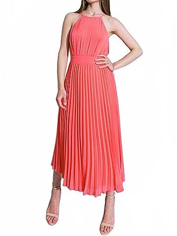 Flying Tomato High Neck Pleated Midi Dress in Coral Dreams (view 2)