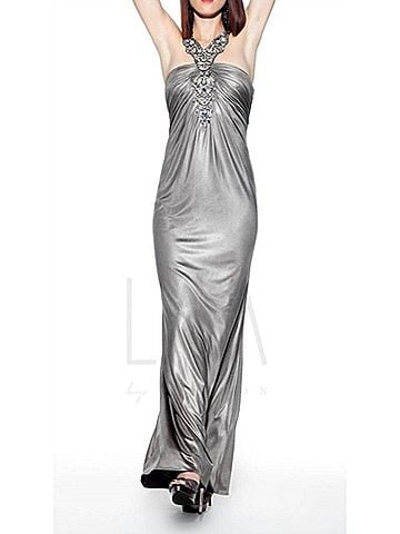 LM Collection Beaded Halter Gown in Sable (view 2)