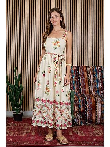 Blu Pepper Floral Border Midi Dress in Light Khaki Multi (view 2)
