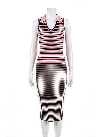 Active Basic Sleeveless V-Neck Multi Stripe Midi Sweater Dress in Pink/Merlot (view 1)