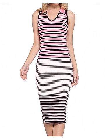 Active Basic Sleeveless V-Neck Multi Stripe Midi Sweater Dress in Pink/Merlot (view 2)