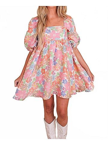Storia Wildflower Fields Babydoll Mini Dress in Multi Floral (view 2)
