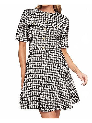 Flying Tomato Tilde Short Sleeve Button Tweed Mini Dress in Brown Multi (view 2)