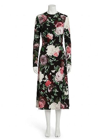 Erdem Long Sleeve Draped Midi Dress in Painted Roses (view 1)