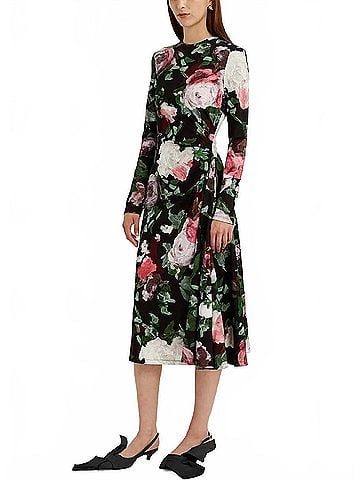 Erdem Long Sleeve Draped Midi Dress in Painted Roses (view 2)
