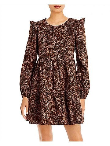 WAYF Women's Velma Animal Print Ruffled Babydoll Dress in Brown (view 2)