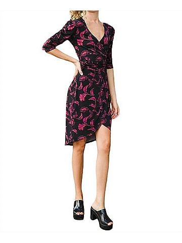 Veronica M. Feather Print Tulip Wrap Dress in Black Multi (view 2)