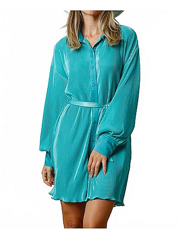 Fantastic Fawn Pleated Tie Waist Mini Dress in Ocean Eyes (view 2)