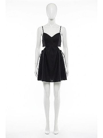 Moon River Sweetheart Neck Waist Drawstring Cut-Out Shirred Smocked Mini Dress in Black (view 1)